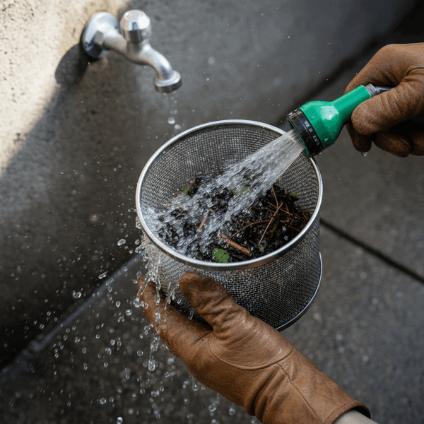 Mains d'agriculteur nettoyant un panier filtrant de cuve eau de pluie sous jet d'eau avec débris végétaux