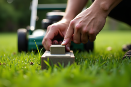 Personne aiguisant la lame d'une tondeuse manuelle en extérieur