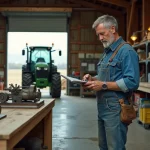 Agriculteur inspectant une pièce de tracteur dans un atelier agricole bien organisé avec des étagères de pièces détachées