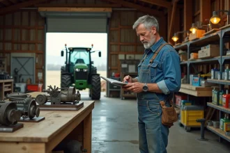 Agriculteur inspectant une pièce de tracteur dans un atelier agricole bien organisé avec des étagères de pièces détachées