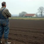 Agriculteur français debout au bord d'un champ agricole d'un hectare, illustrant la conversion are-hectare en milieu rural