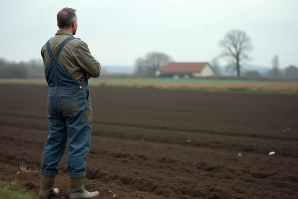 Agriculteur français debout au bord d'un champ agricole d'un hectare, illustrant la conversion are-hectare en milieu rural