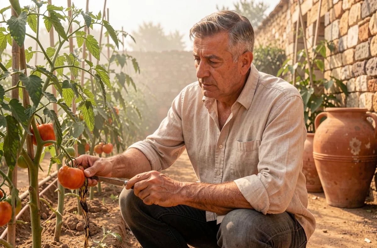 Agronome diagnostiquant une maladie vasculaire sur un plant de tomate dans un potager méditerranéen