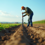 Agronome prenant un échantillon de sol dans un champ avec rangs cultivés