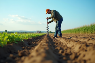 Agronome prenant un échantillon de sol dans un champ avec rangs cultivés