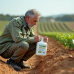 Agronome examinant l'étiquette d'un herbicide glyphosate dans un champ agricole portugais