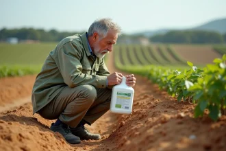Agronome examinant l'étiquette d'un herbicide glyphosate dans un champ agricole portugais