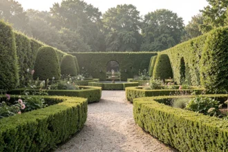 Allée de buis taillés dans un grand jardin à la française