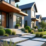 Aménagement extérieur d'une maison neuve avec allée en pierre, haies taillées et terrasse en bois composite