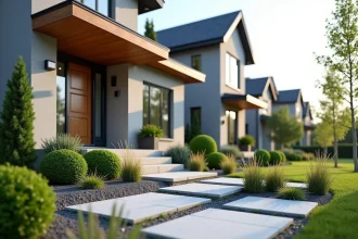 Aménagement extérieur d'une maison neuve avec allée en pierre, haies taillées et terrasse en bois composite