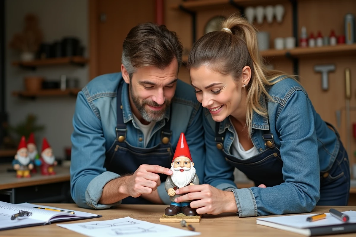 Deux adultes examinant un nain de jardin en céramique dans un atelier, analysant ses propriétés physiques pour améliorer la technique de lancer