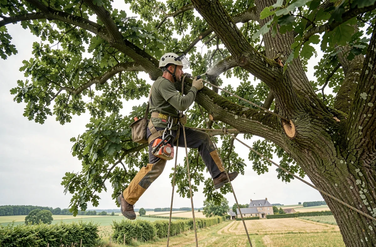 Arboriste d'Arboloir en train d'élaguer un grand chêne avec équipement d'escalade professionnel dans la campagne de la Sarthe
