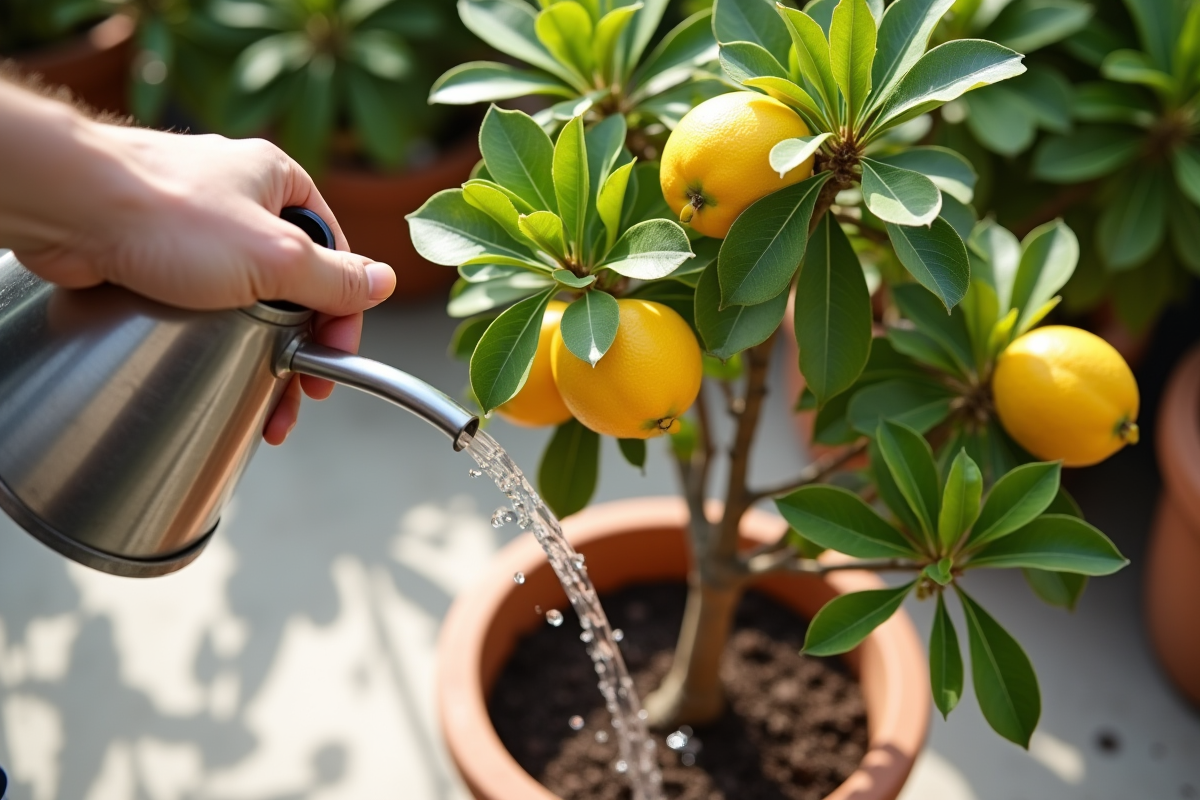 Personne arrosant un citronnier en pot sur une terrasse lumineuse