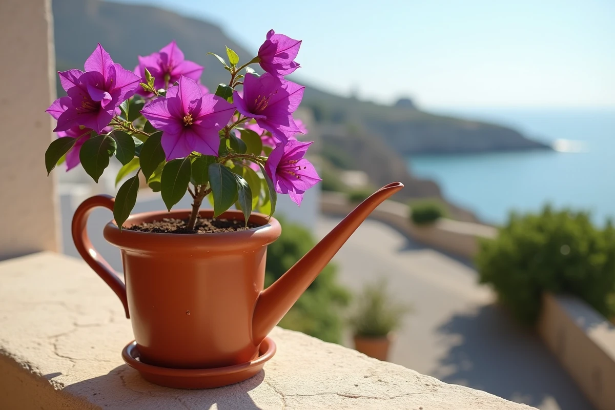 Arrosage d'un bougainvillier en pot sur un balcon avec arrosoir, fleurs violettes visibles