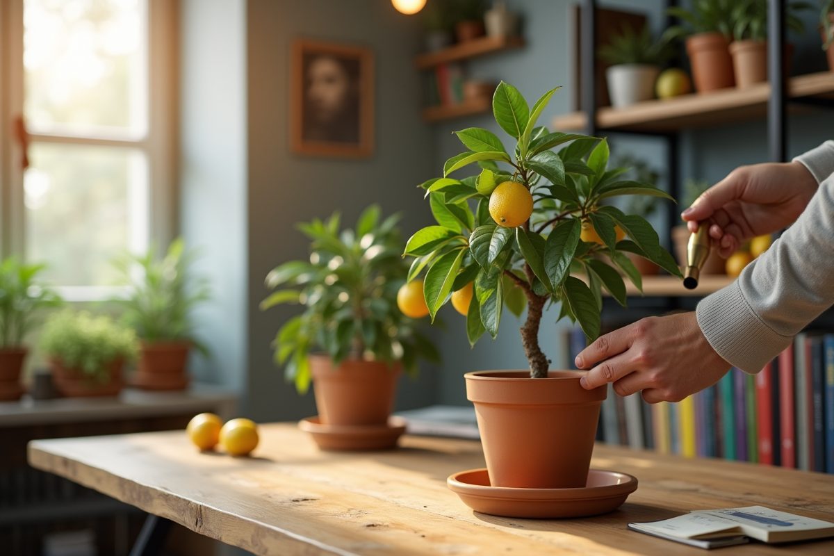 Personne arrosant un citronnier en intérieur lumineux