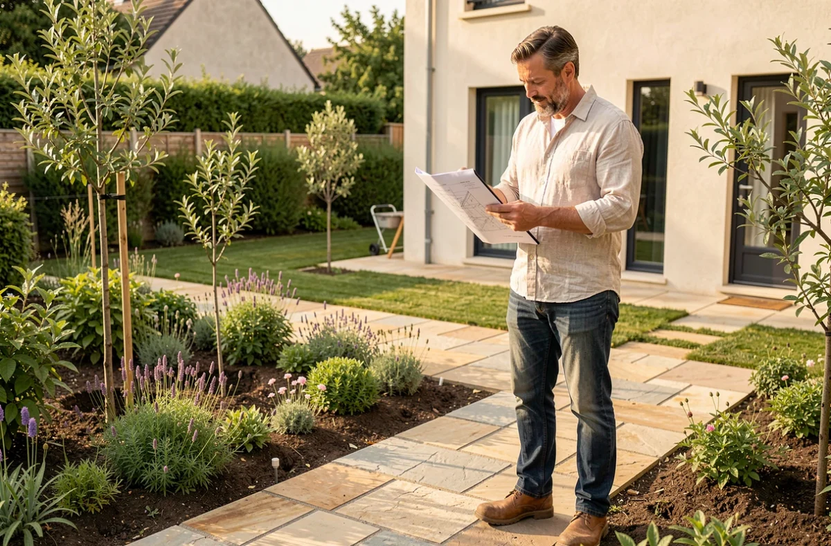 Concepteur paysager de L'ATELIER DU PAYSAGE consultant un plan de jardin sur tablette sur un chantier de conception paysagère en cours à Dijon avec des bordures de plantes fraîchement installées