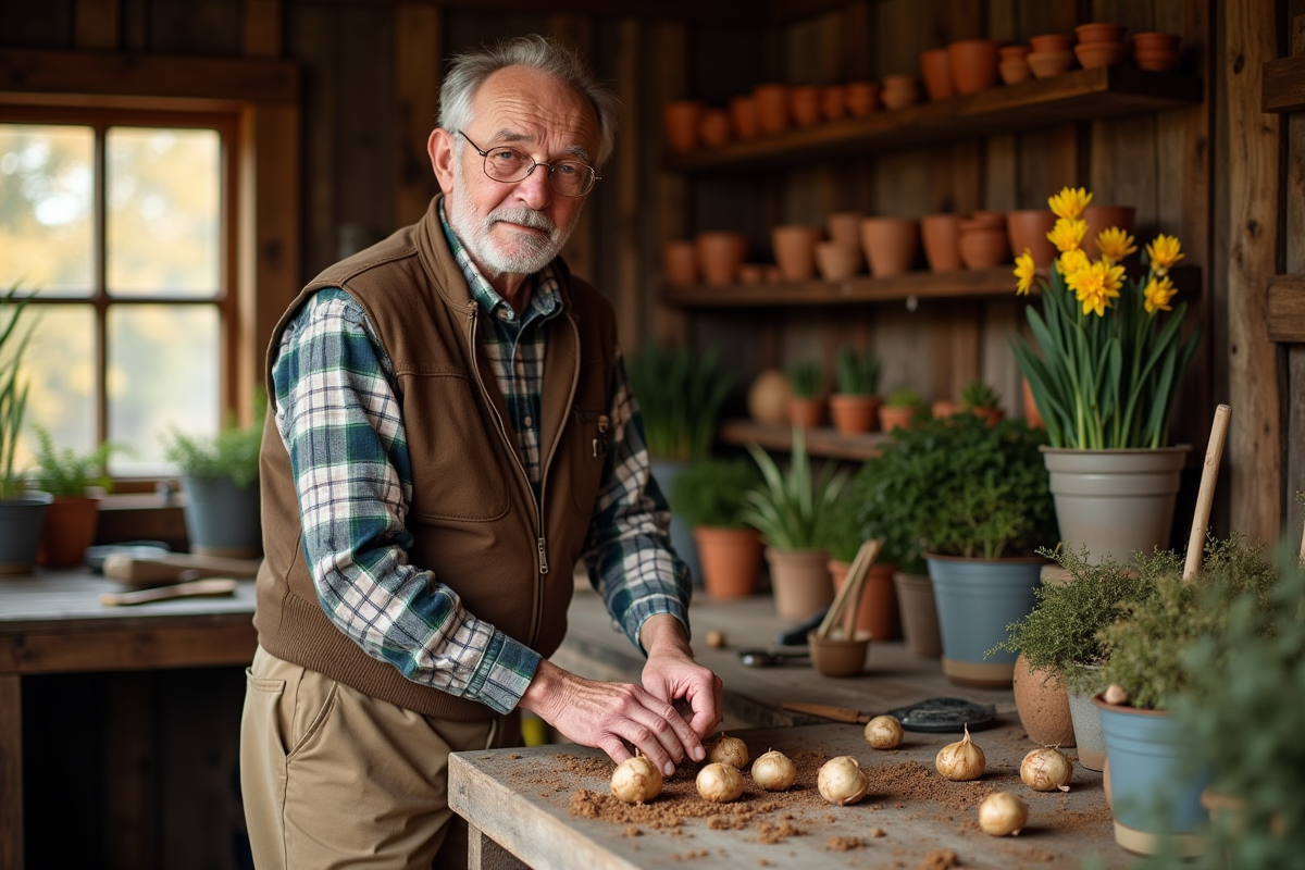 Homme dans un atelier rustique nettoyant des tubercules de canna