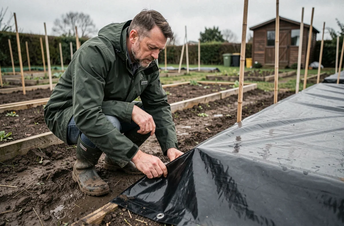 Homme inspectant le bord d'une bâche opaque noire posée sur un carré de jardin dans un potager rural