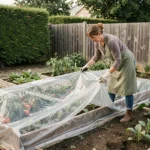 Femme de jardinage déployant une bâche transparente sur des carrés potagers surélevés dans un jardin suburban