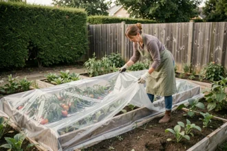 Femme de jardinage déployant une bâche transparente sur des carrés potagers surélevés dans un jardin suburban
