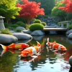 Bassin de jardin zen avec des carpes koï orange et blanches nageant dans une eau cristalline entourée de pierres naturelles et d'érables japonais