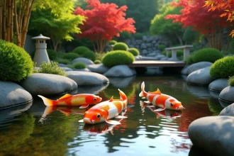 Bassin de jardin zen avec des carpes koï orange et blanches nageant dans une eau cristalline entourée de pierres naturelles et d'érables japonais