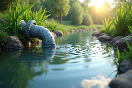 Étang propre avec système de siphon et végétation luxuriante