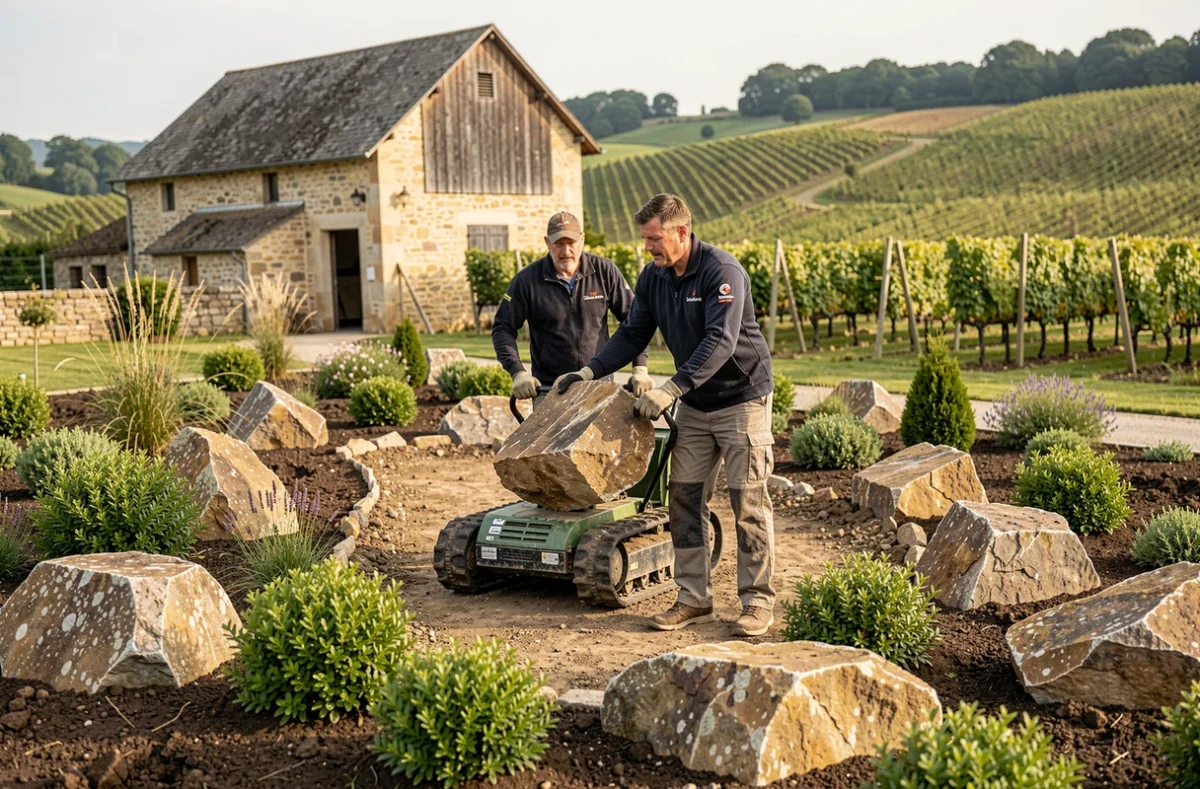 Équipe de BCP BOURGOGNE CREATION PAYSAGE installant des rochers ornementaux et des arbustes indigènes dans un jardin aménagé en milieu rural de Côte-d'Or avec des vignes en arrière-plan