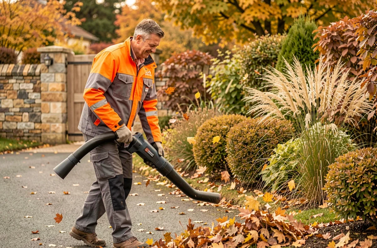 Technicien de BG Services SARL soufflant les feuilles d'automne sur une allée privée dans la Sarthe avec haies ornementales en arrière-plan