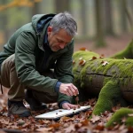 Biologiste étudiant des déjections animales en forêt automnale