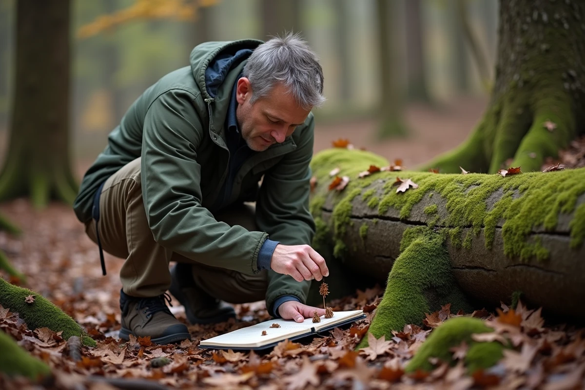 Biologiste étudiant des déjections animales en forêt automnale