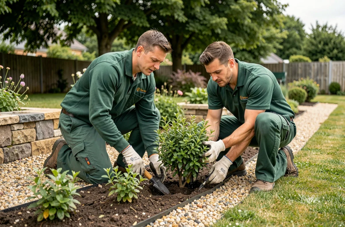 Équipe de Boisard Paysages plantant des arbustes ornementaux dans un jardin résidentiel soigné de la Sarthe