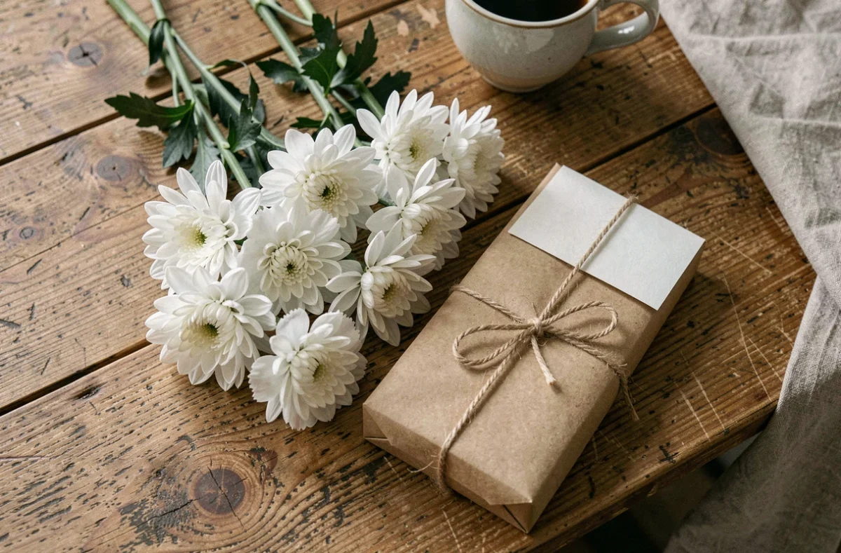 Bouquet de fleurs blanches à plat sur une table en bois avec une carte de message, symbolisant les significations culturelles à connaître avant d'offrir des fleurs blanches