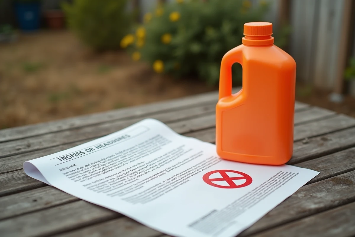 Bouteille de débroussaillant chimique posée à côté d'un document légal d'interdiction sur une table de jardin