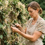 Femme qui effectue le bouturage d'un chèvrefeuille grimpant dans un jardin, en coupant une tige verte fraîche avec un sécateur
