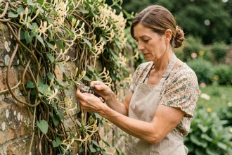 Femme qui effectue le bouturage d'un chèvrefeuille grimpant dans un jardin, en coupant une tige verte fraîche avec un sécateur