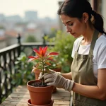 Femme bouturant un photinia dans un pot en terre cuite sur un balcon urbain ensoleillé