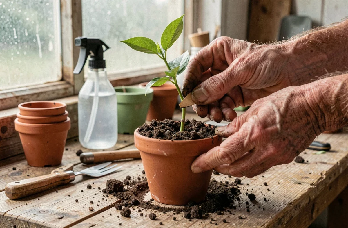 Gros plan sur des mains qui plantent une bouture de chèvrefeuille dans un pot en terre cuite posé sur un établi de jardinage