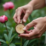 Femme effectuant une bouture de pivoine arbustive en coupant un rameau ligneux avec des gants de jardinage dans un jardin fleuri