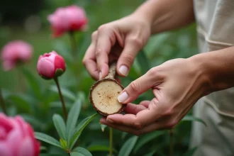 Femme effectuant une bouture de pivoine arbustive en coupant un rameau ligneux avec des gants de jardinage dans un jardin fleuri