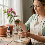 Femme bouturant un bougainvillier dans un bocal d'eau sur un établi de jardinage en bois