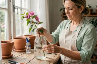 Femme bouturant un bougainvillier dans un bocal d'eau sur un établi de jardinage en bois