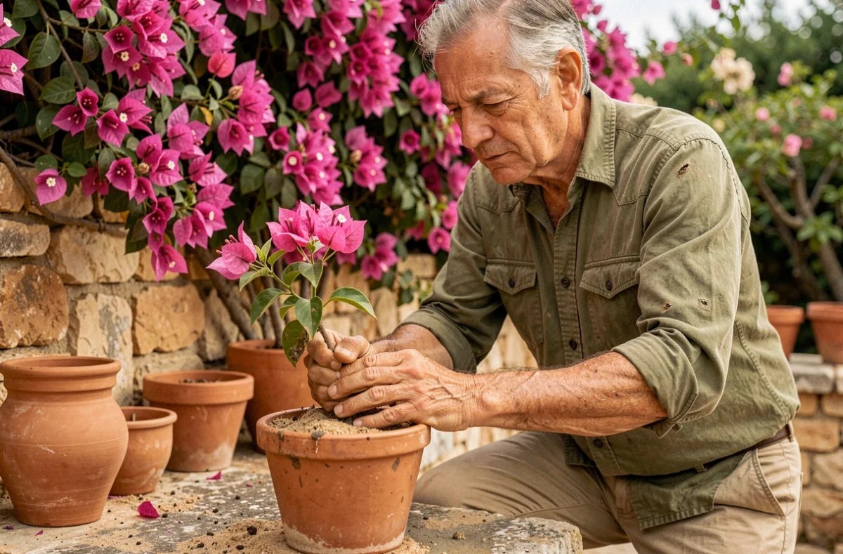 Jardinier expérimenté bouturant un bougainvillier en terre dans un pot en terre cuite sur une terrasse ensoleillée