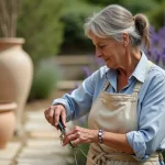 Femme bouturant une vieille lavande dans un jardin provençal avec des cisailles de jardinage