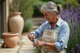 Femme bouturant une vieille lavande dans un jardin provençal avec des cisailles de jardinage