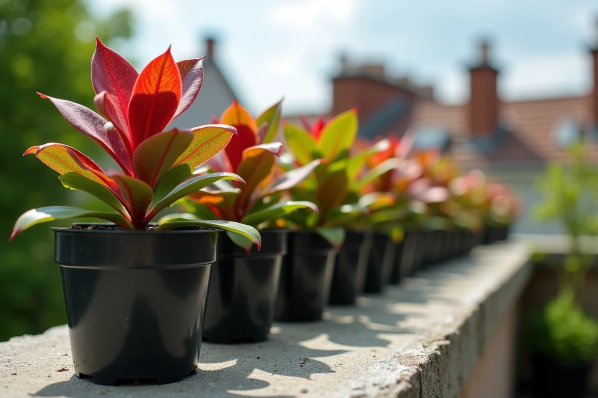 Boutures de photinia en petits pots alignées sur une rambarde de balcon avec feuilles rouge vif