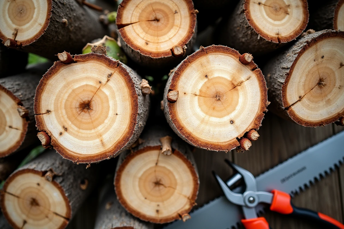 Gros plan de branches de prunier coupées sur un établi de jardin avec sécateur et scie d'élagage professionnels