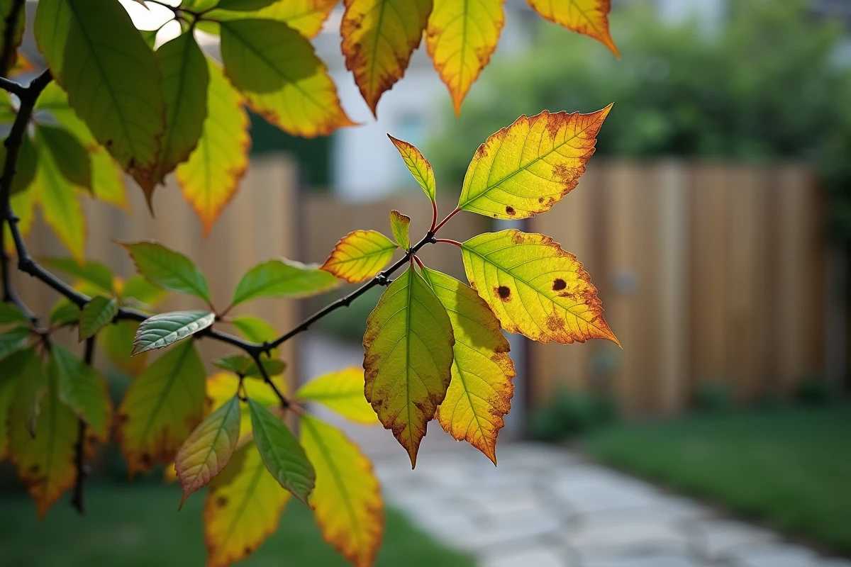 Branches de mûrier avec feuilles vertes et jaunes en progression