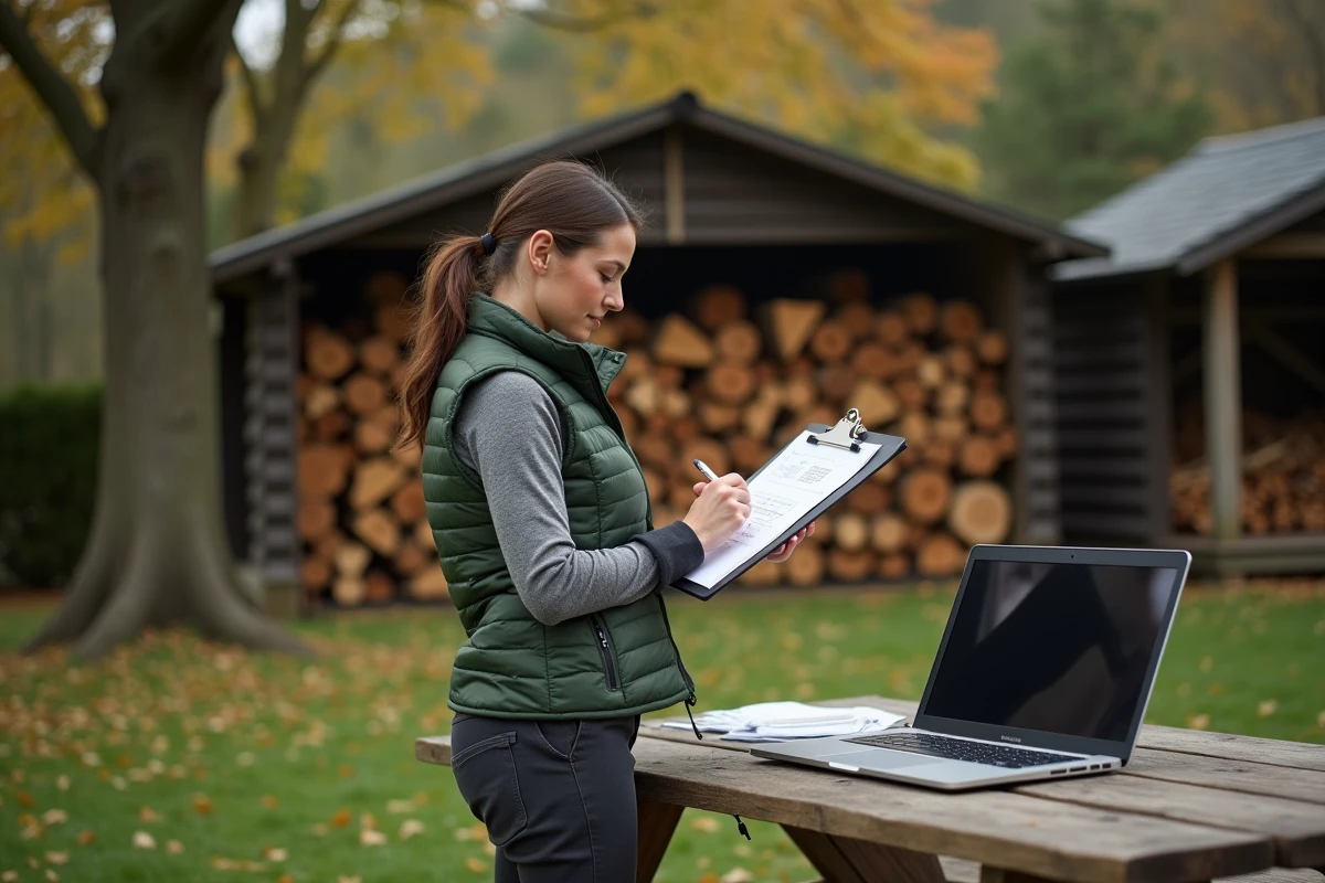Femme calculant le volume réel de stères de bois de chauffage avec des notes et un ordinateur devant un abri à bois