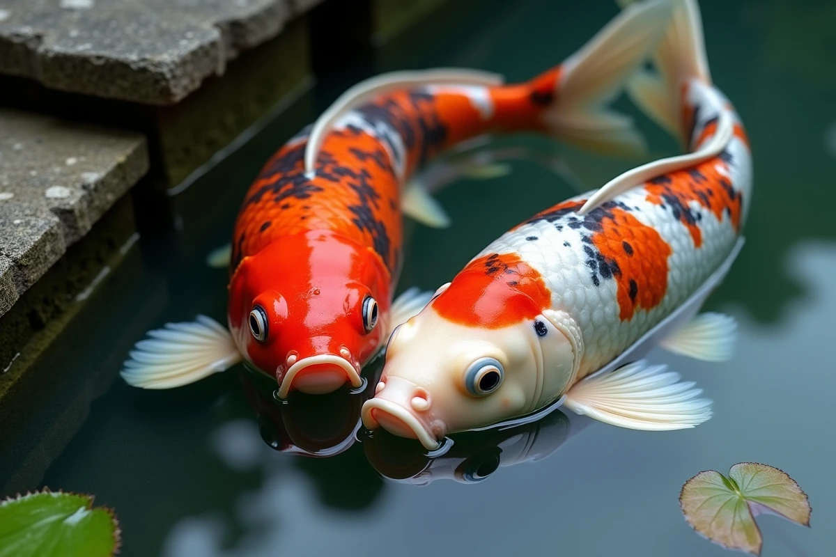 Gros plan de carpes koï aux écailles colorées rouge blanc et noir à la surface d'un bassin de jardin ornemental